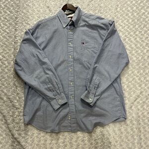 Tommy Hilfiger Shirt Mens XL Button Up Blue Long Sleeve Cotton Pocket Logo